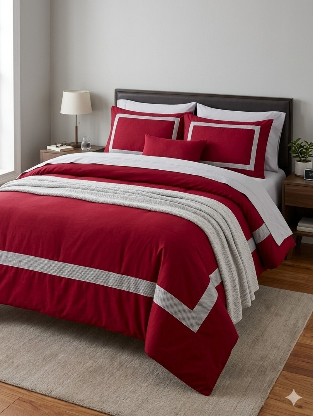 Crate & Barrel Red Organic Cotton King Duvet Cover 2 Pillow Shams White Border